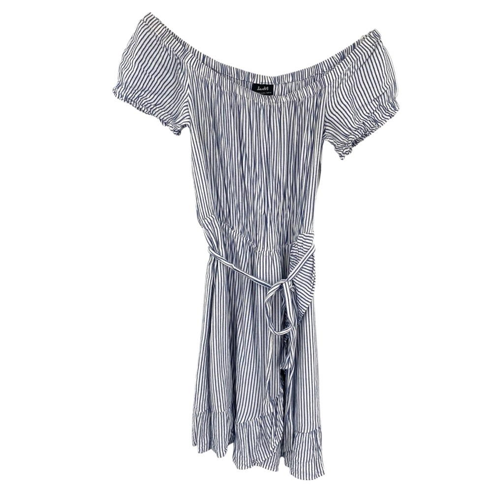 Bardot Off Shoulder Blue and White Stripe Dress - Picture 2 of 9